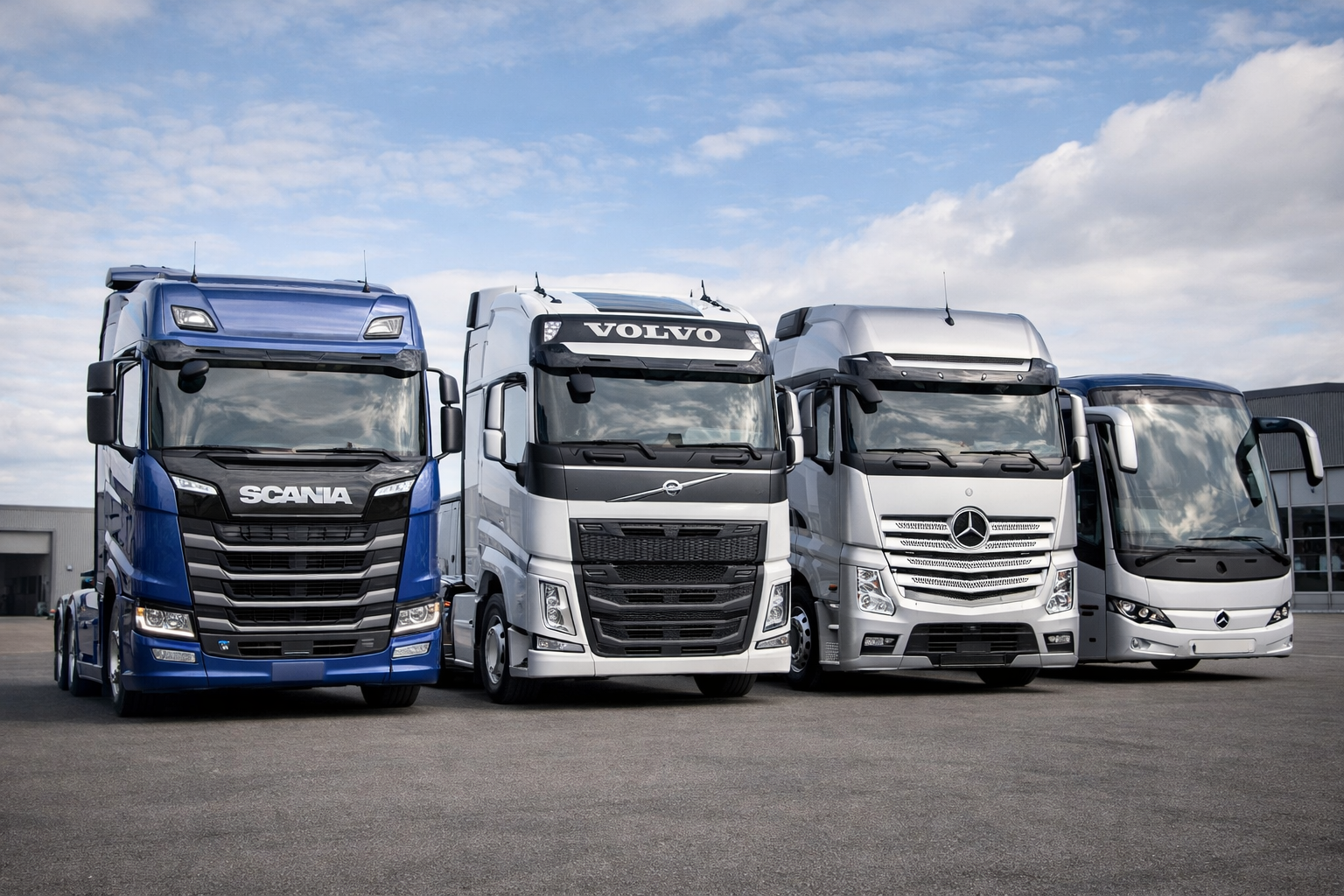 Caminhões Scania, Volvo, Mercedes e ônibus enfileirados