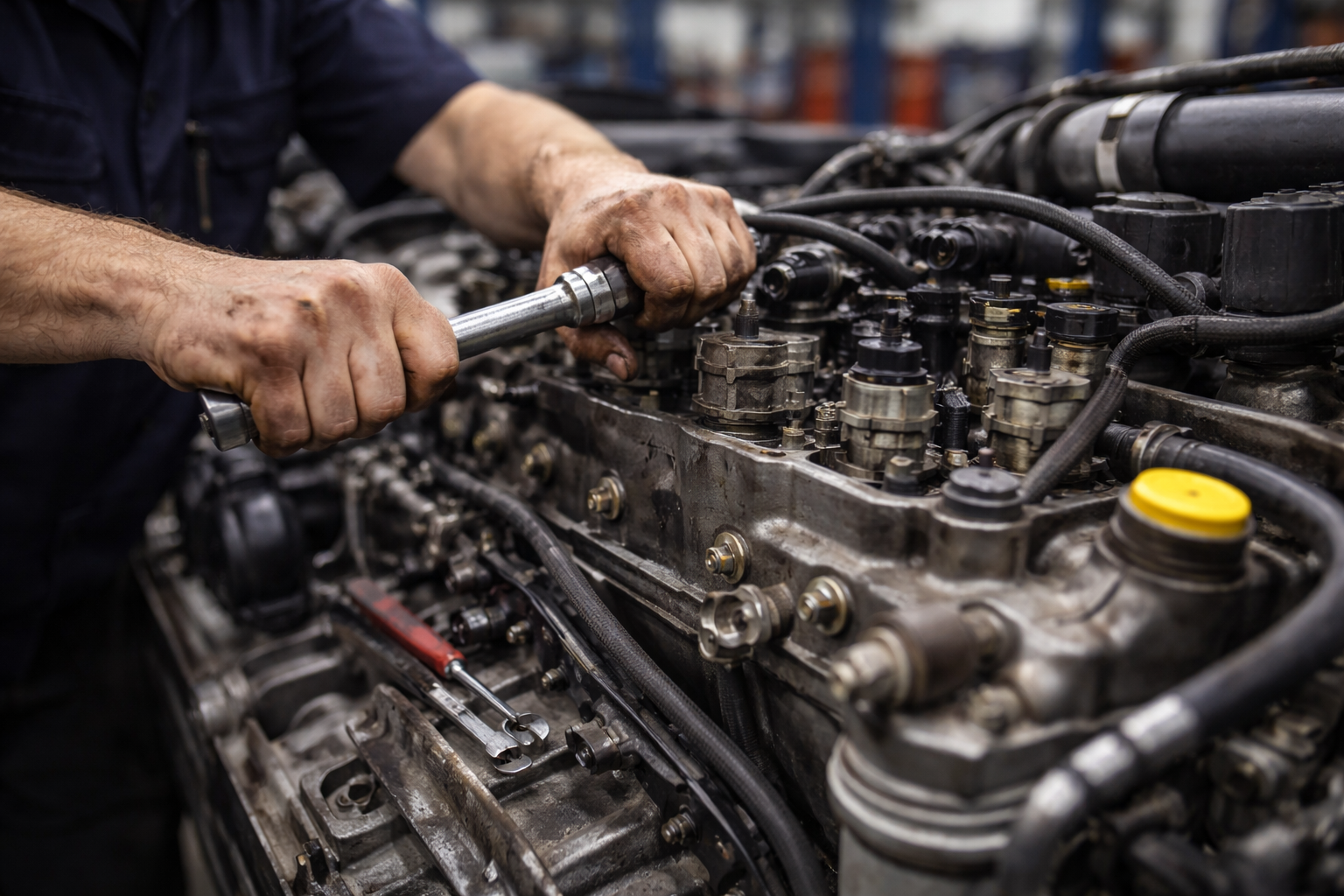 Mãos de mecânico usando catraca em motor diesel pesado
